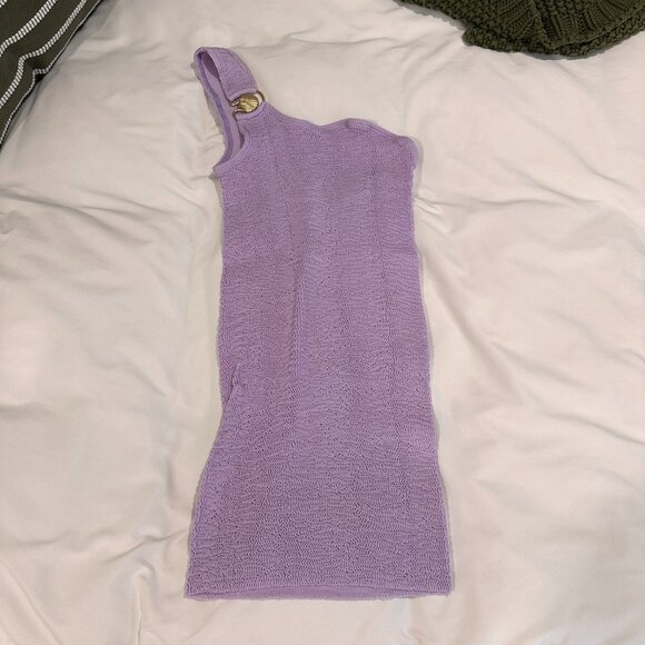Light Purple One Shoulder Body Con Dress with Gold Shell - Pacific Mini Dress - Picture 7 of 10